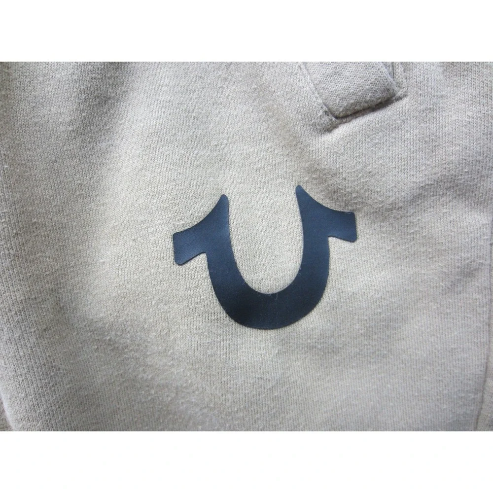 True Religion Mens Sweat Shorts Tan Khaki Horseshoe Logo Raw Hem Fleece Size L
